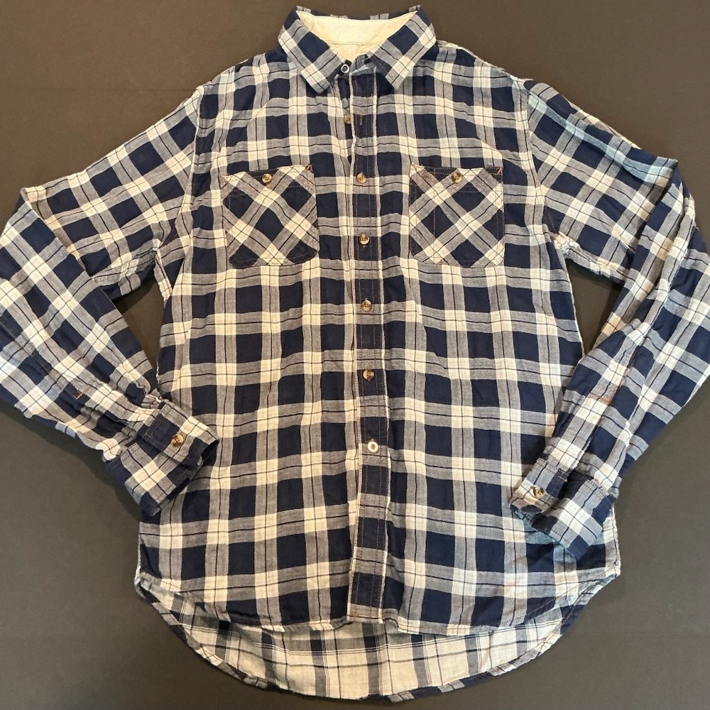 Barque Blue Plaid Cotton Button-Down Shirt Size L